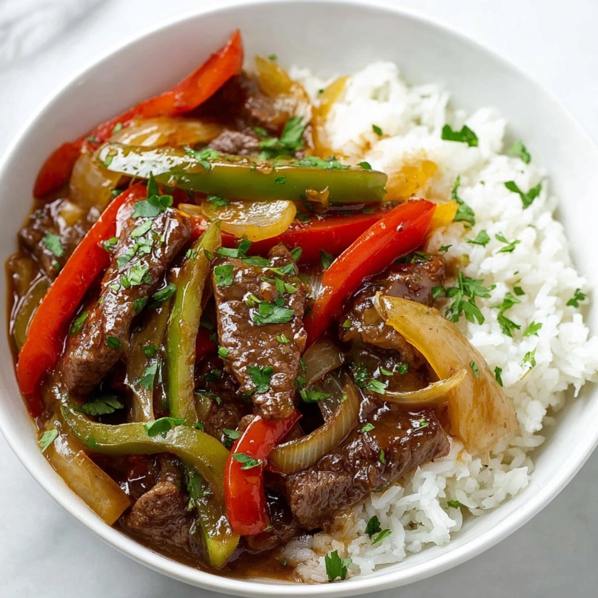 Pepper steak with colorful bell peppers, onions, and tender beef slices, served over white rice and garnished with chopped parsley.