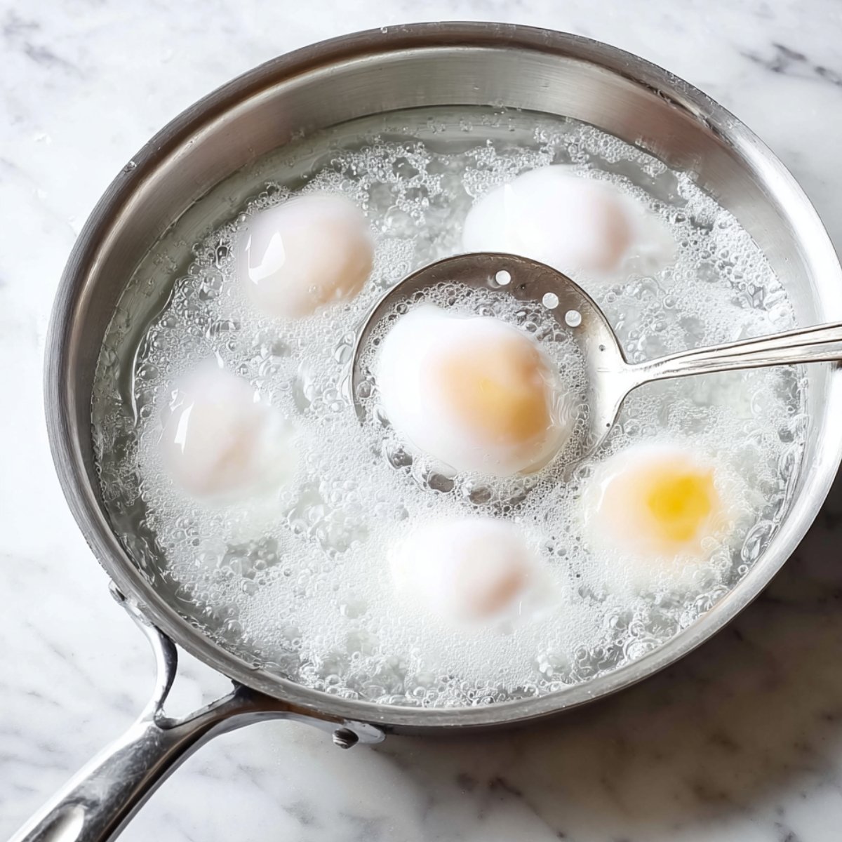 Fill a medium pot with water and bring it to a simmer over medium heat. Add the vinegar and give it a stir. Lower the heat to medium-low so you see just a few tiny bubbles rising from the bottom, not a rolling boil. Gently slide each egg from its ramekin into the water, spacing them a few inches apart. Let them cook for 3 minutes for soft, runny yolks. Use a slotted spoon to lift them out and set them on a paper towel-lined plate to drain.