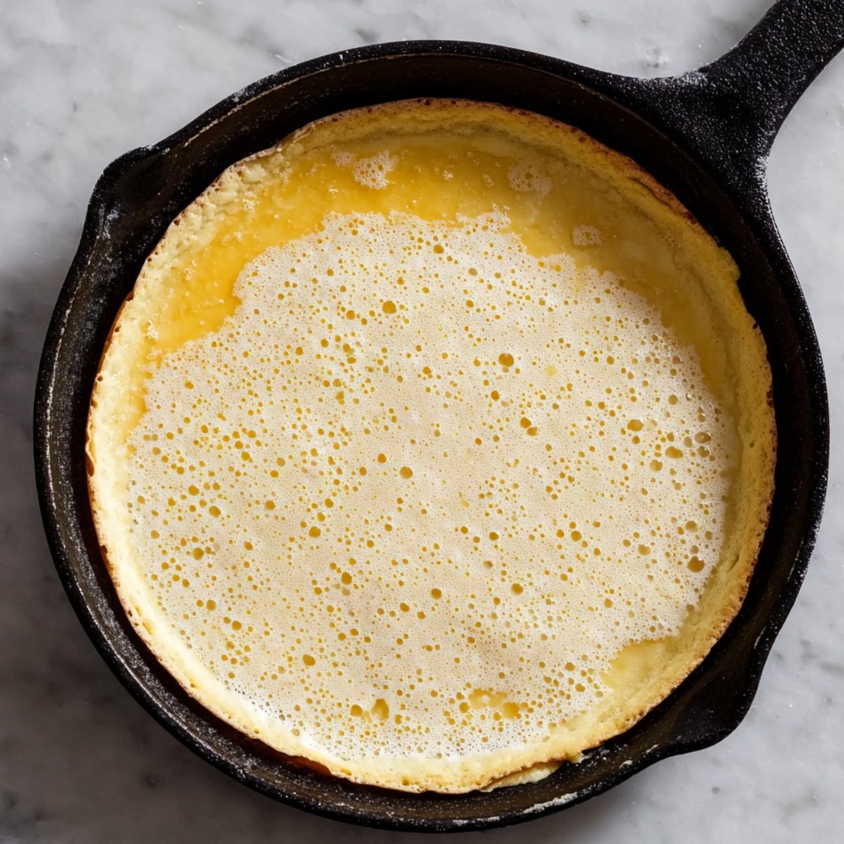 Pour the batter into the center of the hot skillet. Don't worry about swirling it. Place the skillet back in the oven and bake for 15 minutes.