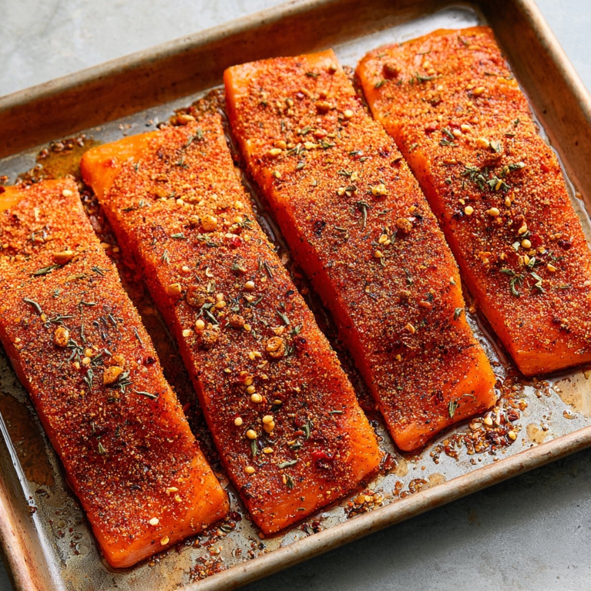 Pat the salmon fillets dry with paper towels so the seasoning sticks better. In a small bowl, mix together the smoked paprika, garlic powder, Italian seasoning, salt, oregano, black pepper, and red pepper flakes. Rub this seasoning blend evenly over both sides of each fillet.