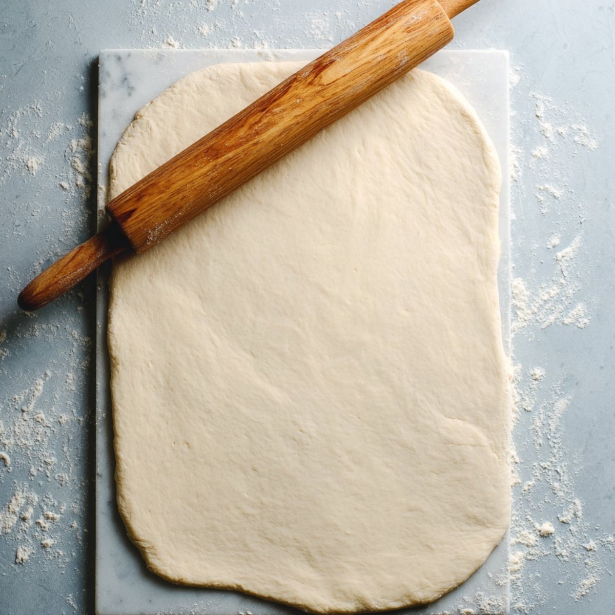 Rolled-out sourdough cinnamon roll dough on a floured surface with a wooden rolling pin resting on top.