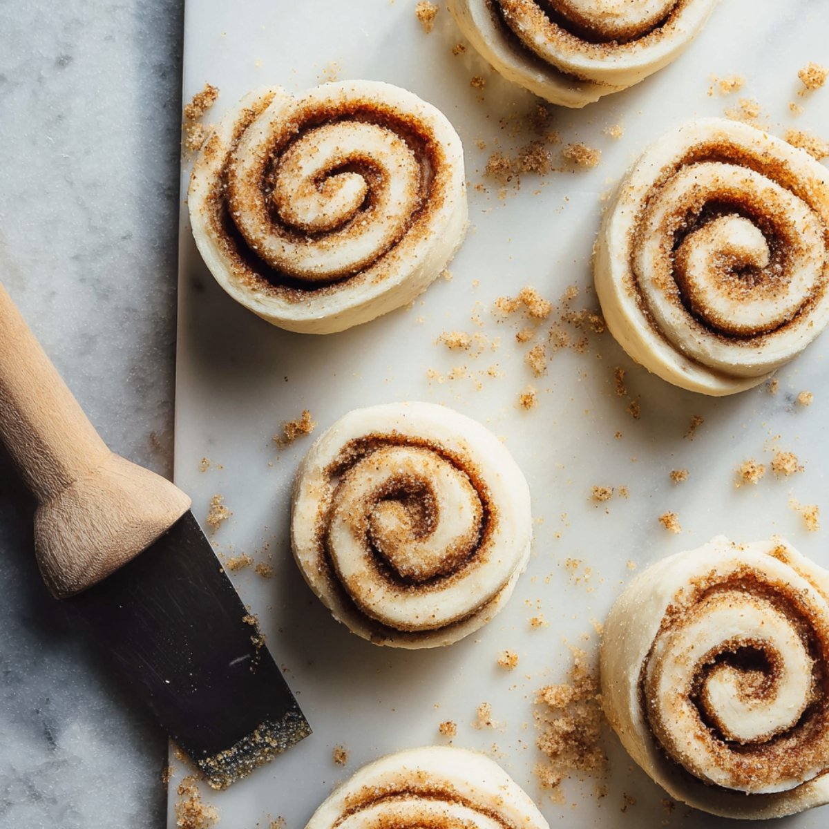 Freshly sliced homemade sourdough cinnamon roll swirls resting on a marble board, sprinkled with cinnamon sugar.