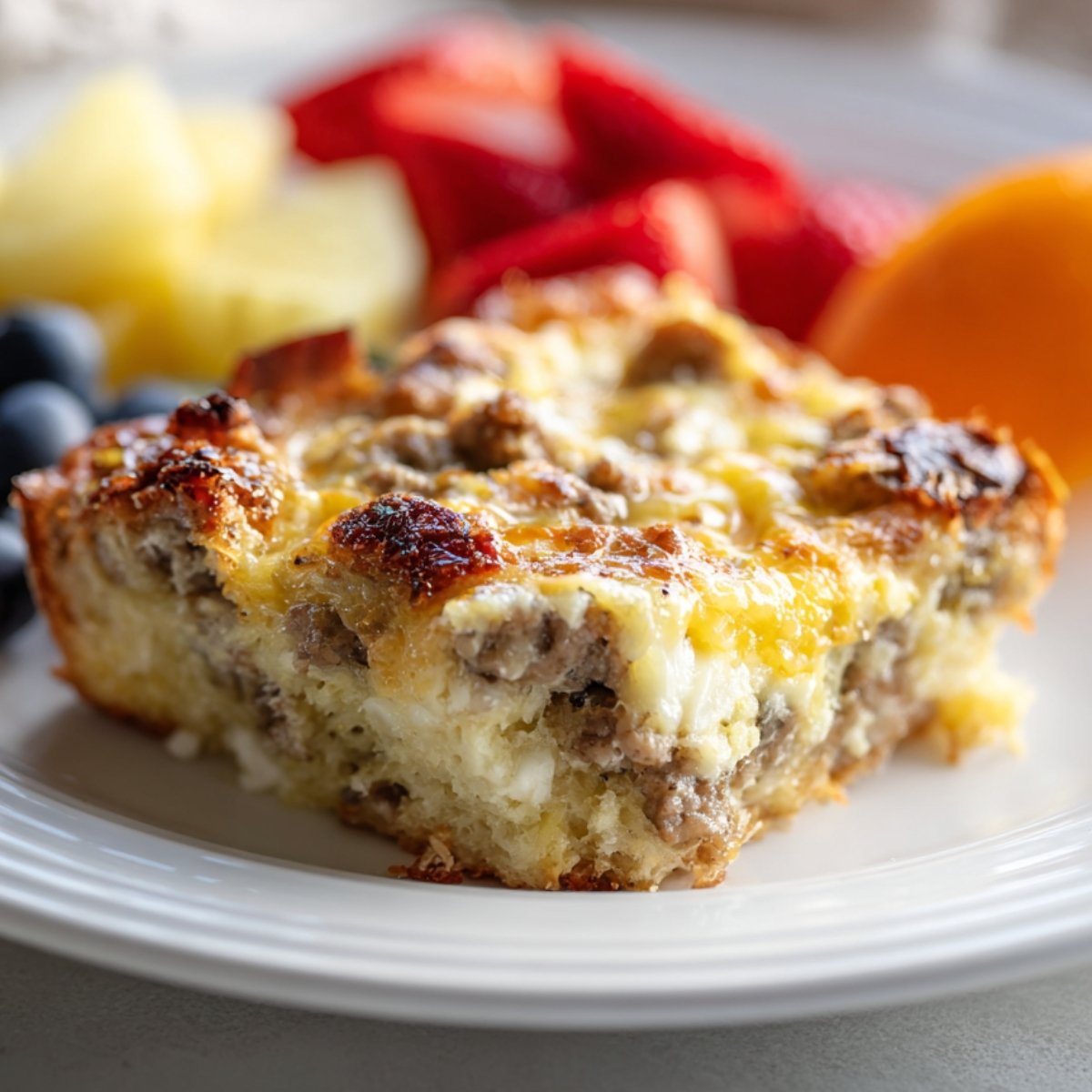 A slice of homemade Sausage and Egg Casserole breakfast served on a white plate with fresh fruit on the side.