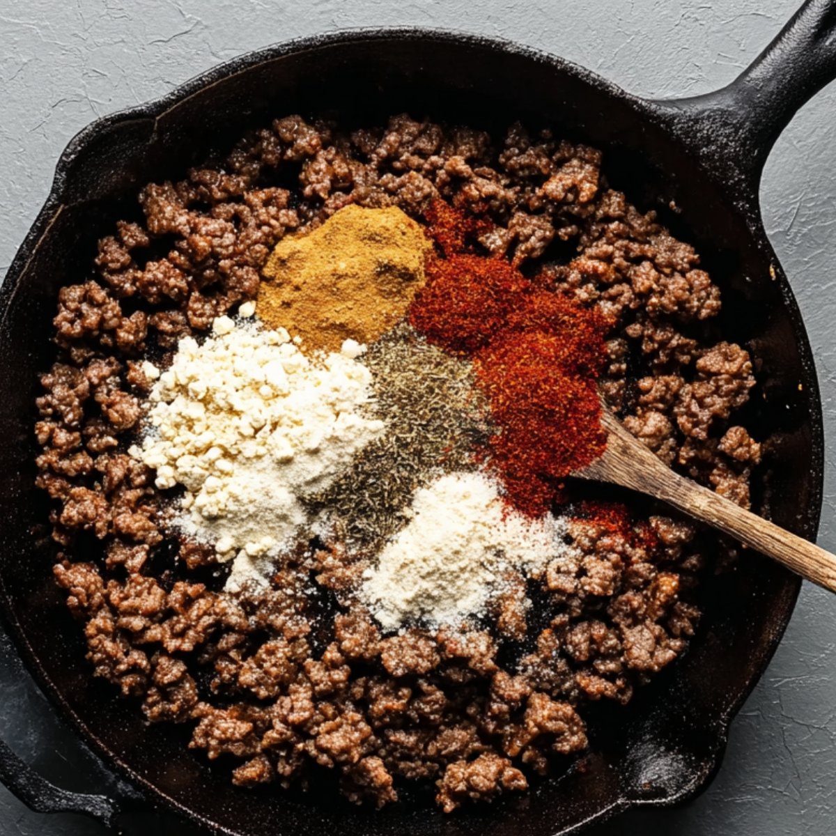 Sprinkle the chili powder, onion powder, and garlic powder over the cooked beef. Stir everything together so the spices coat the meat evenly. You'll start to smell that warm, smoky aroma right away.