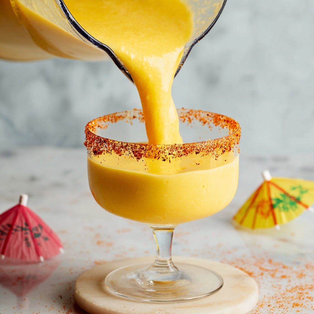 Pour the blended margarita into your rimmed glasses. Add a lime wedge on the rim and a paper umbrella if you're feeling festive. Serve right away while it's cold and frosty.