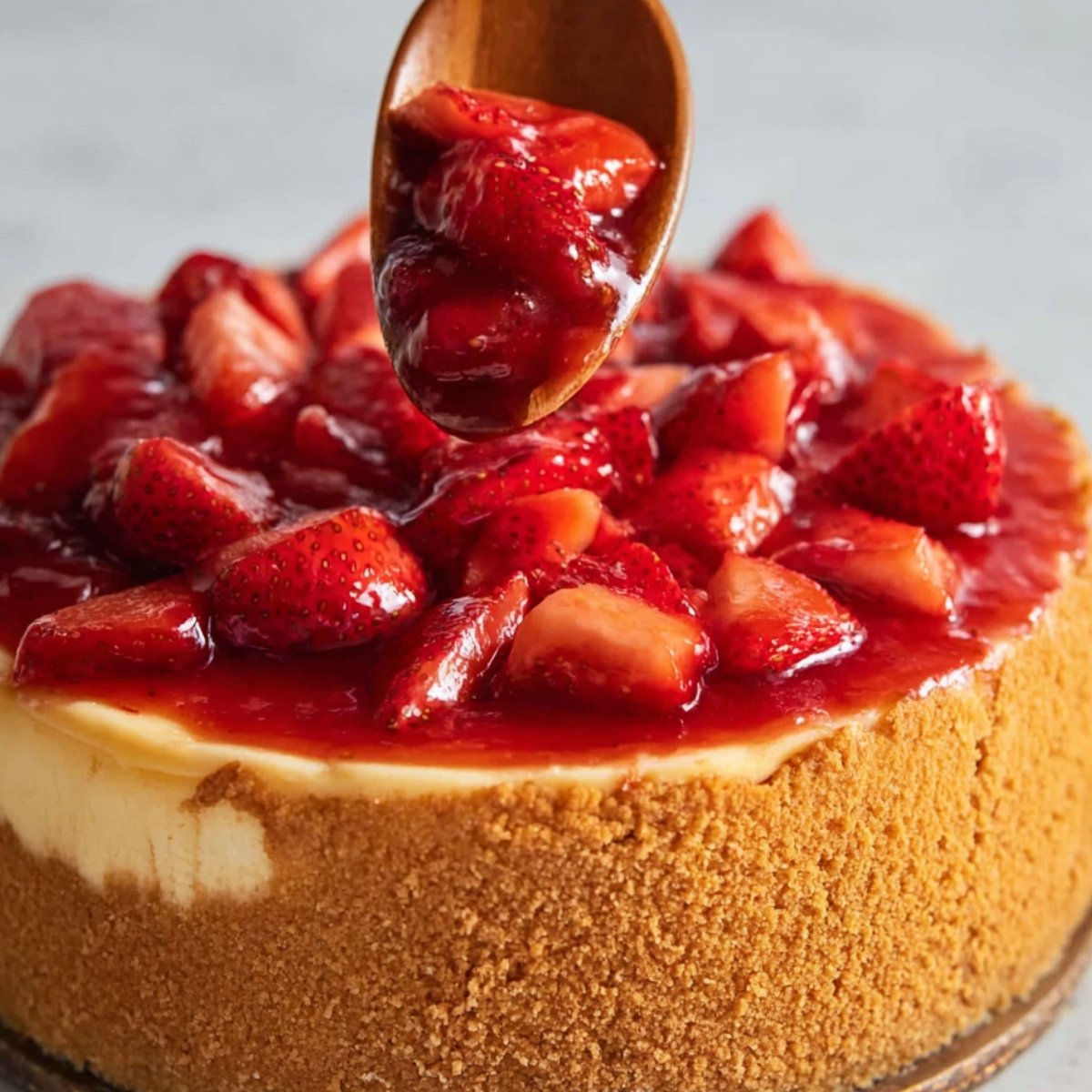 Transfer the cheesecake to a serving plate, spoon the cooled strawberry topping over the top, and serve chilled.