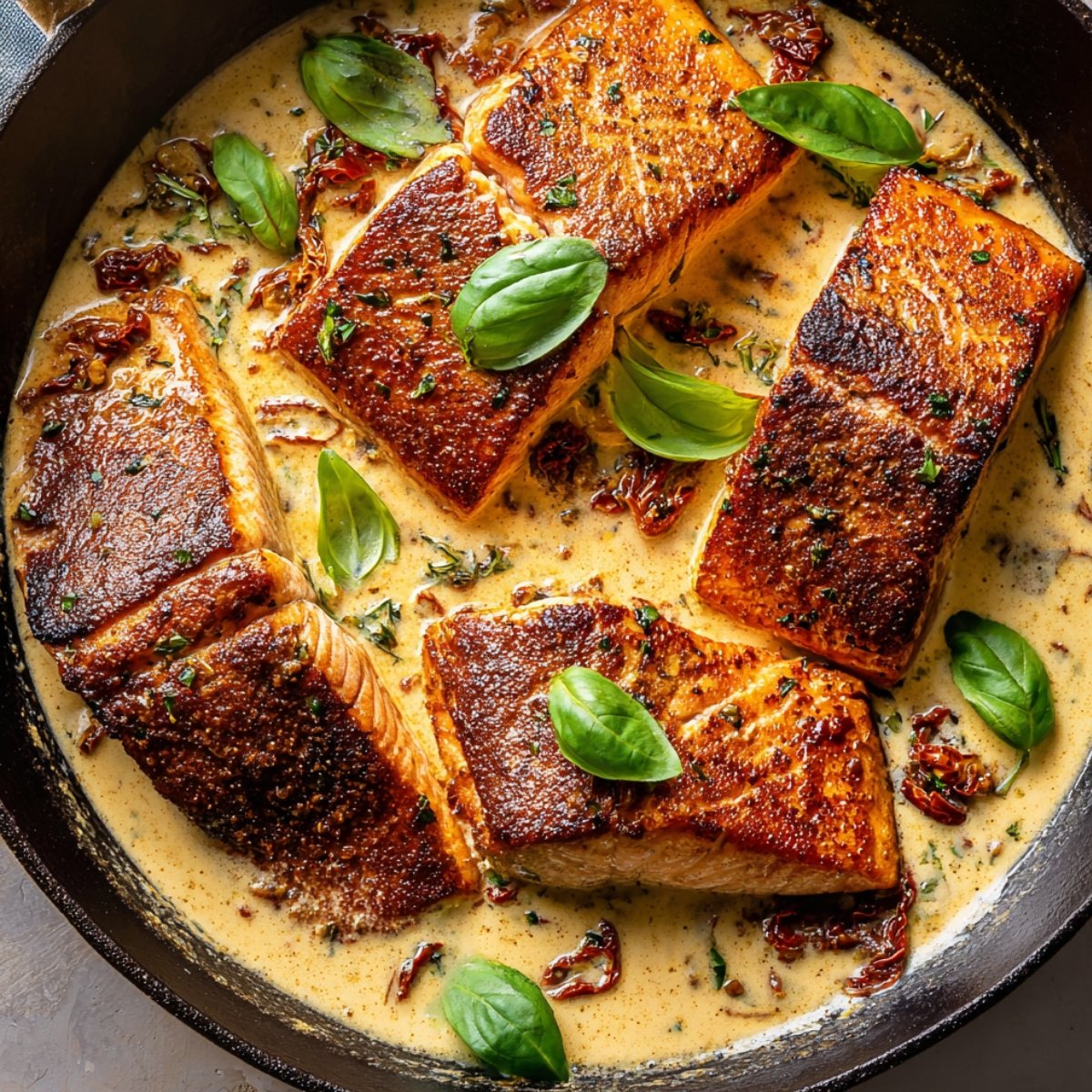 Nestle the cooked salmon fillets back into the skillet with the sauce. Let everything simmer together for 2 to 3 minutes so the salmon warms through and soaks up all that creamy goodness.