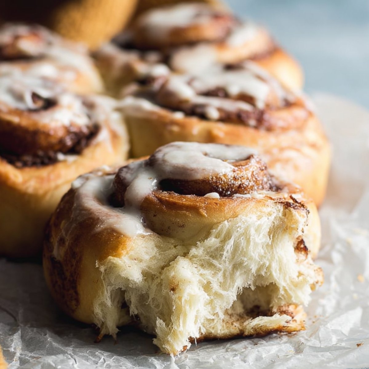 Soft, homemade sourdough cinnamon rolls topped with icing, with one roll pulled apart to show its fluffy interior.