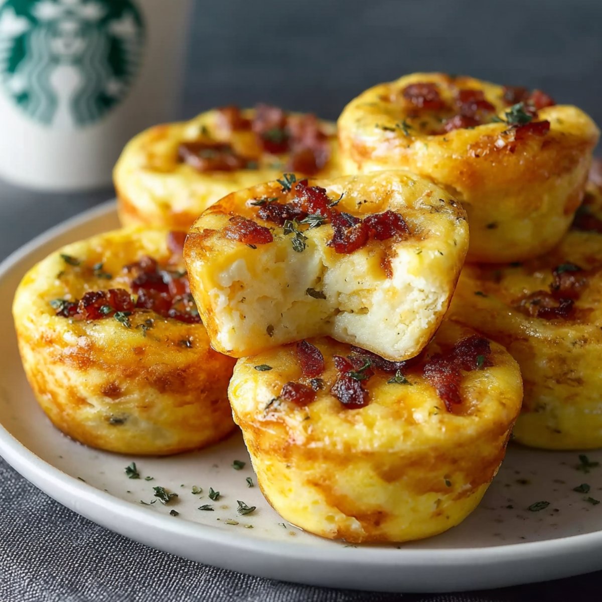 Starbucks Egg Bites with bacon and herbs, showing a bite taken out.