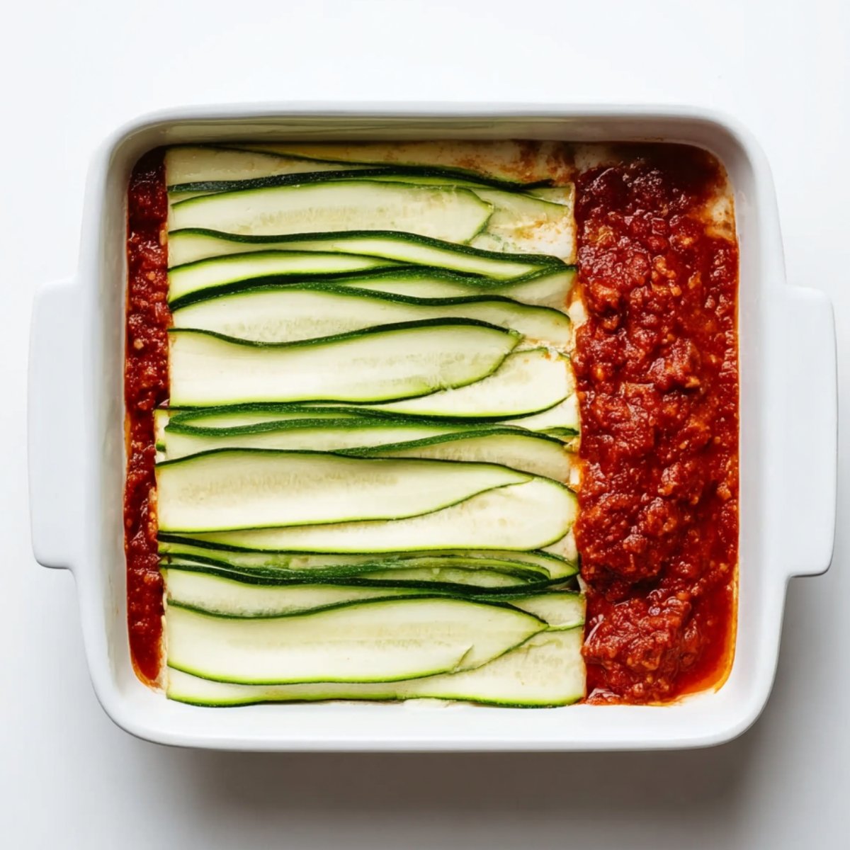 Grab your 9x13-inch casserole dish and spread that reserved ½ cup of pasta sauce across the bottom. Lay down your first layer of zucchini slices, overlapping them slightly or placing them side by side to cover the sauce completely.