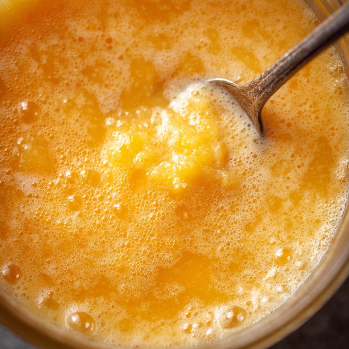 Place a juice strainer over a bowl or pan. Pour your blended orange mixture into the strainer, then use a spoon to press and move the pulp around. You're working to get all the liquid out while leaving behind the stringy bits.
