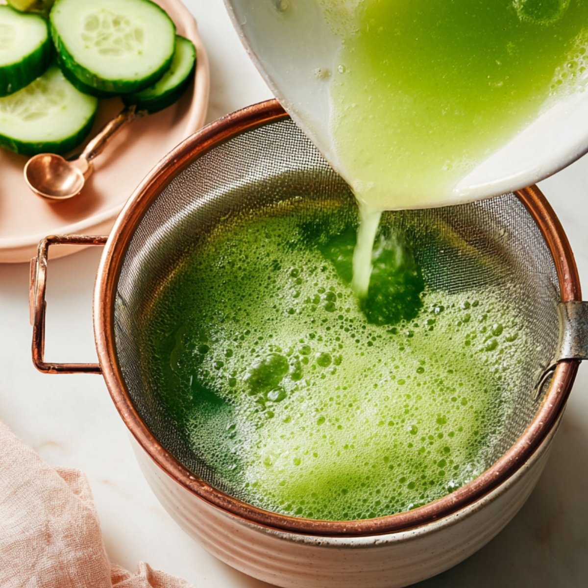 Set a fine mesh strainer over a large bowl or measuring cup. Pour the blended mixture through slowly, using the back of a spoon to gently press and stir the pulp. This helps the liquid pass through faster. Don't skip this step—it's what makes agua fresca different from a smoothie.
