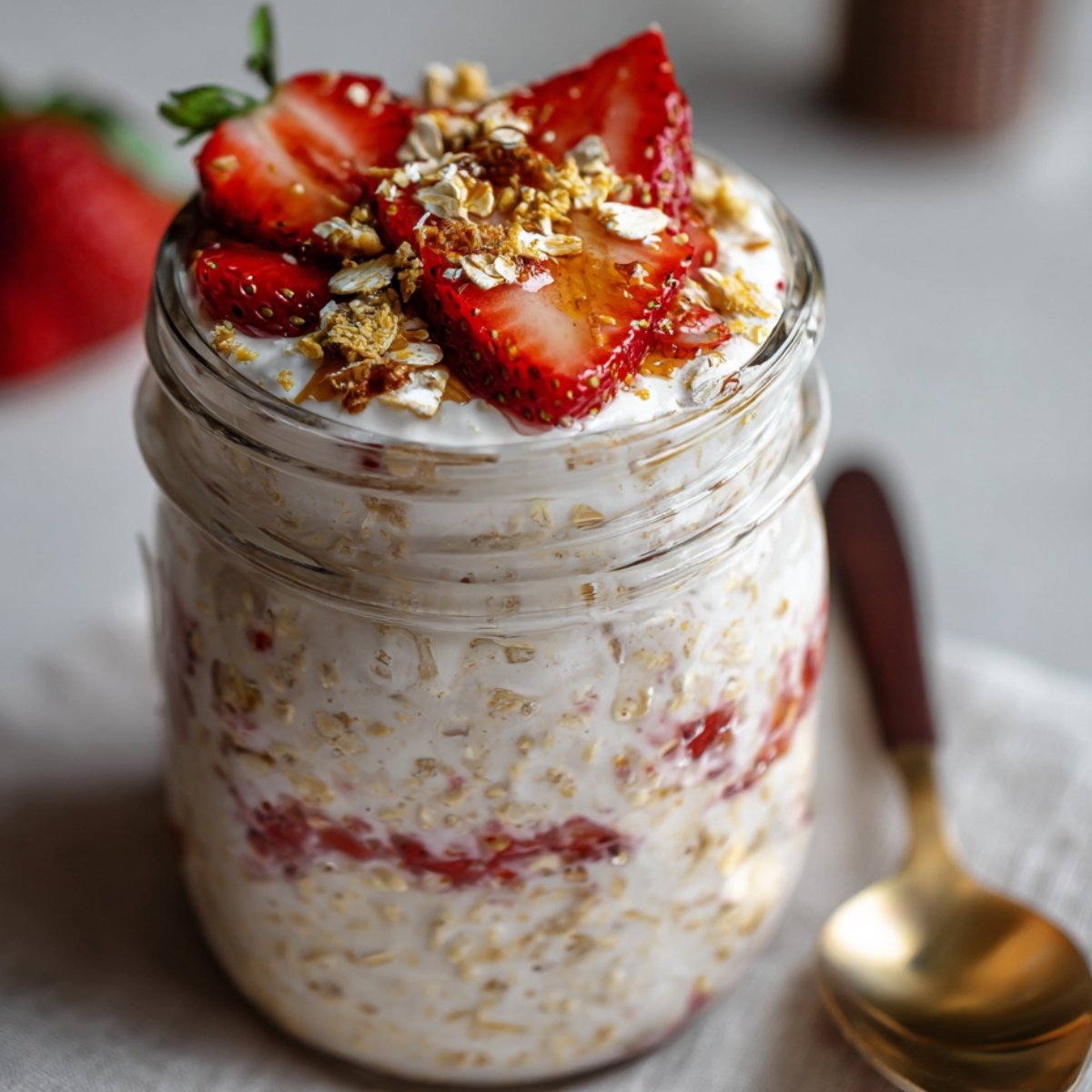 Strawberry Cheesecake Overnight Oats topped with fresh strawberries and granola, resting on a wooden tray with a gold spoon.