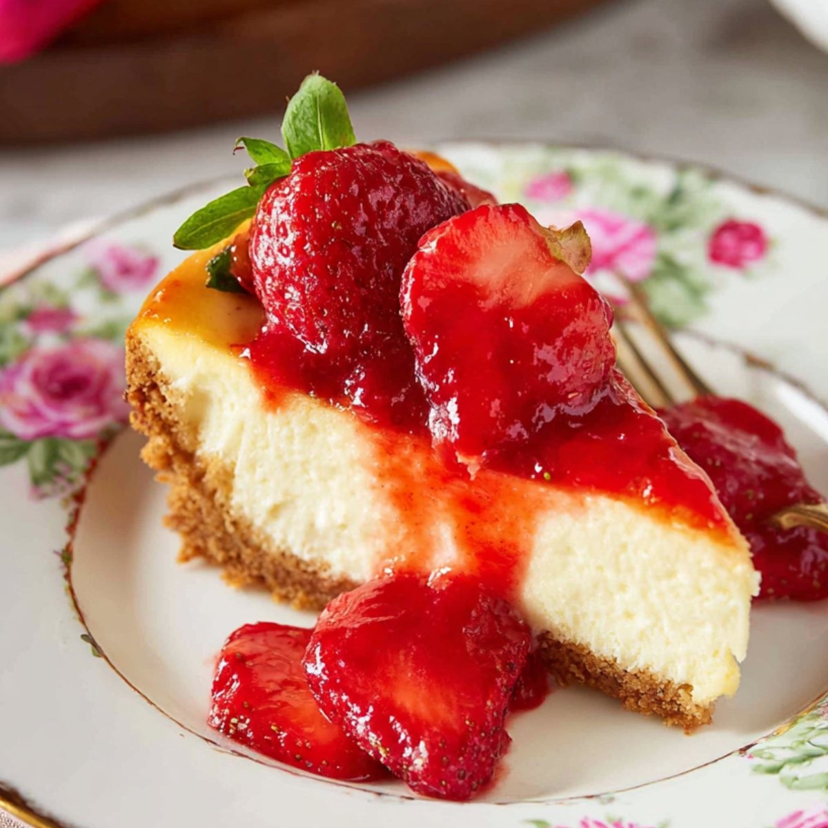 Strawberry Cheesecake topped with fresh strawberries and strawberry sauce on a floral plate.
