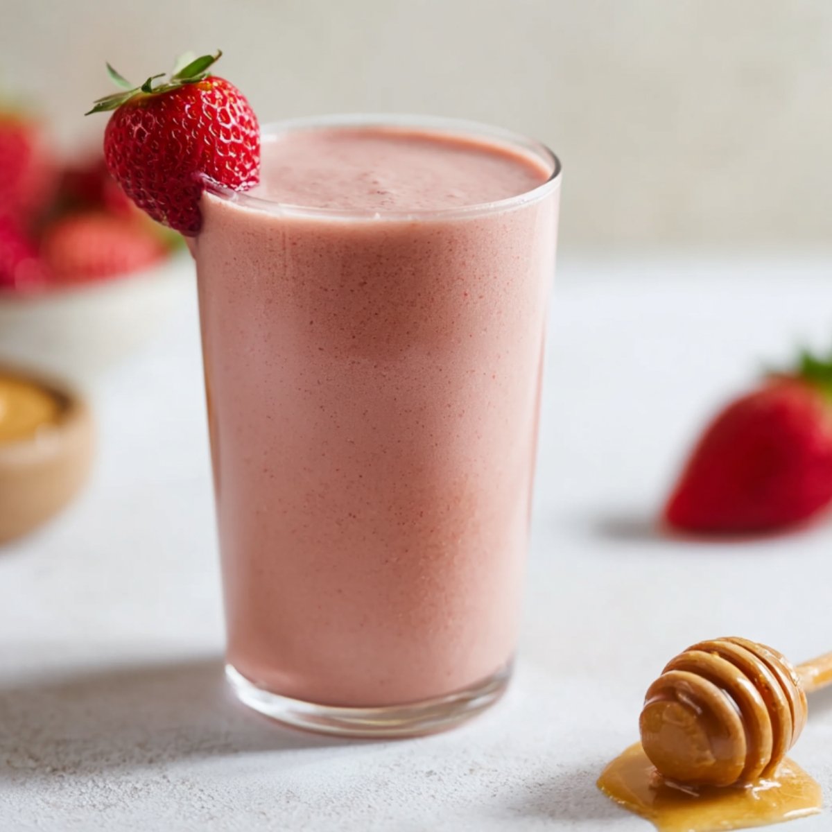 Strawberry smoothie in a glass with a fresh strawberry garnish and honey nearby.
