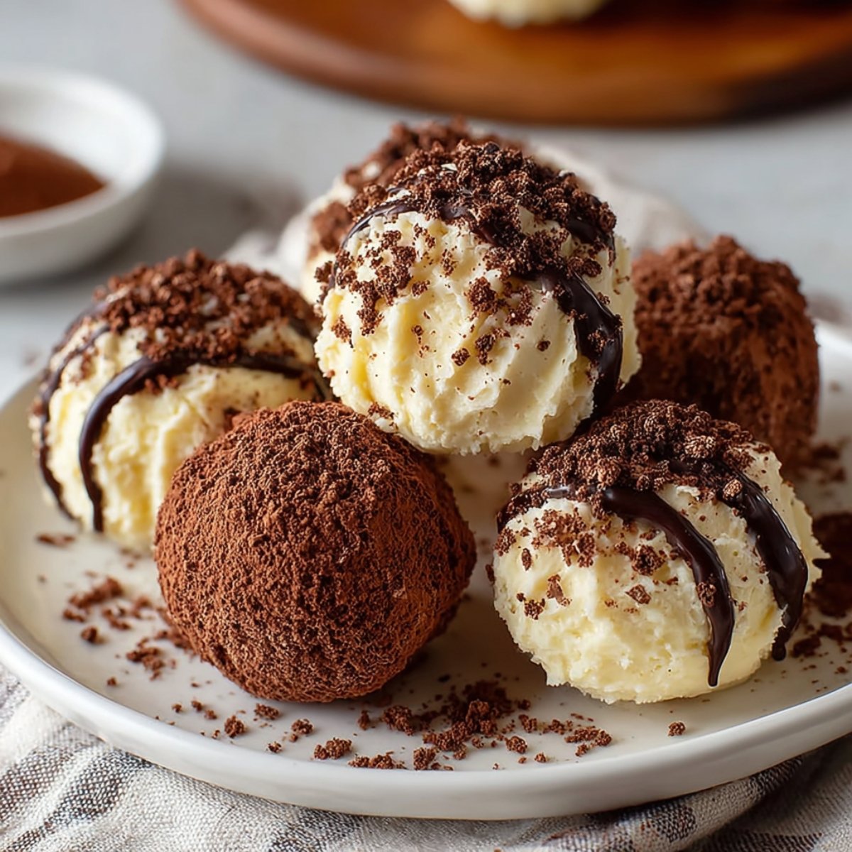 Tiramisu truffles with a chocolatey center, topped with grated chocolate and creamy frosting.