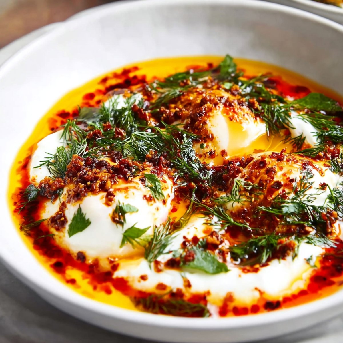 Turkish Eggs in a creamy yogurt base, topped with chili oil, herbs like dill, and crispy spices, served in a shallow bowl.