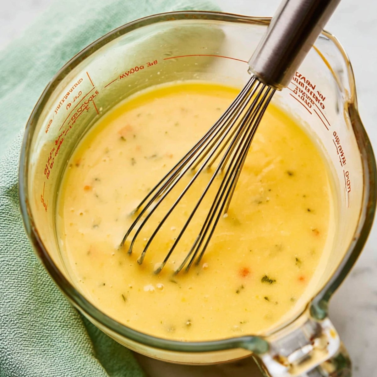 In a medium bowl, whisk together the eggs, milk, salt, pepper, onion powder, and garlic powder until everything's combined but not overbeaten. You should have about 2 cups of mixture.