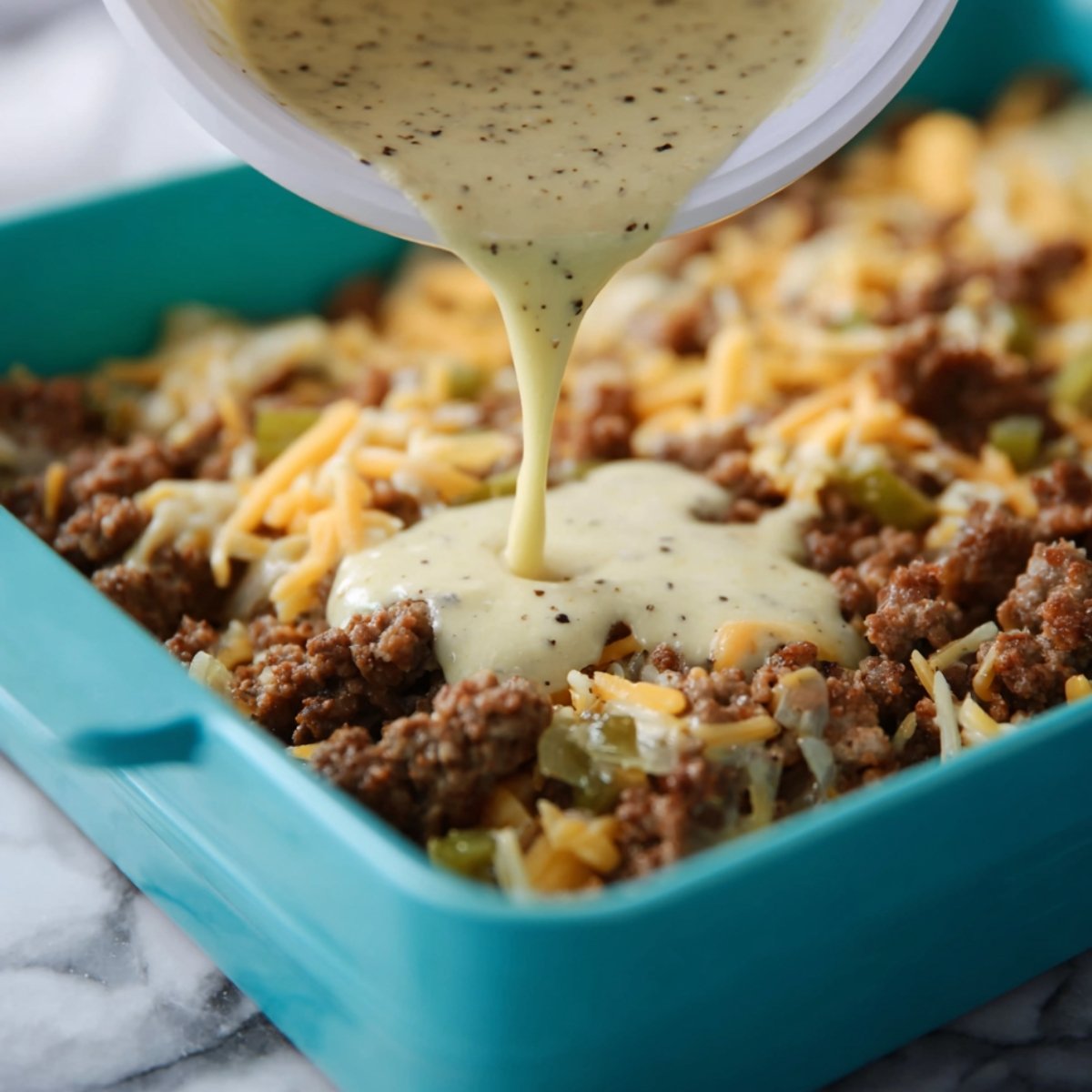 Crack your eggs into a medium bowl and whisk them up. Pour in the milk and all your seasonings, then whisk everything together until it's fully blended and smooth.