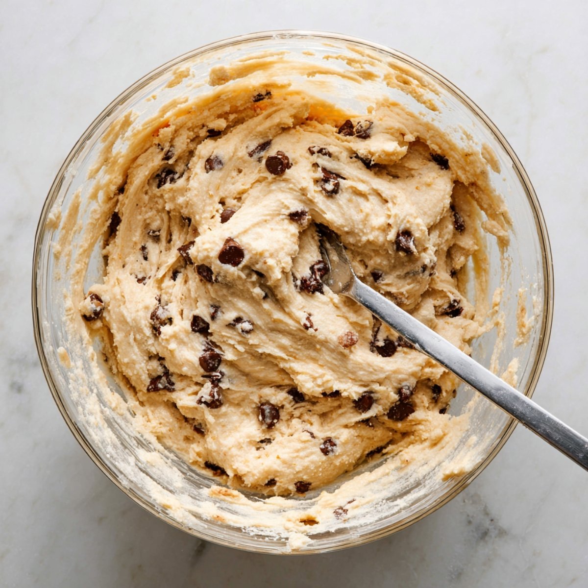 Thick chocolate chip muffin batter mixed in a glass bowl with a spoon