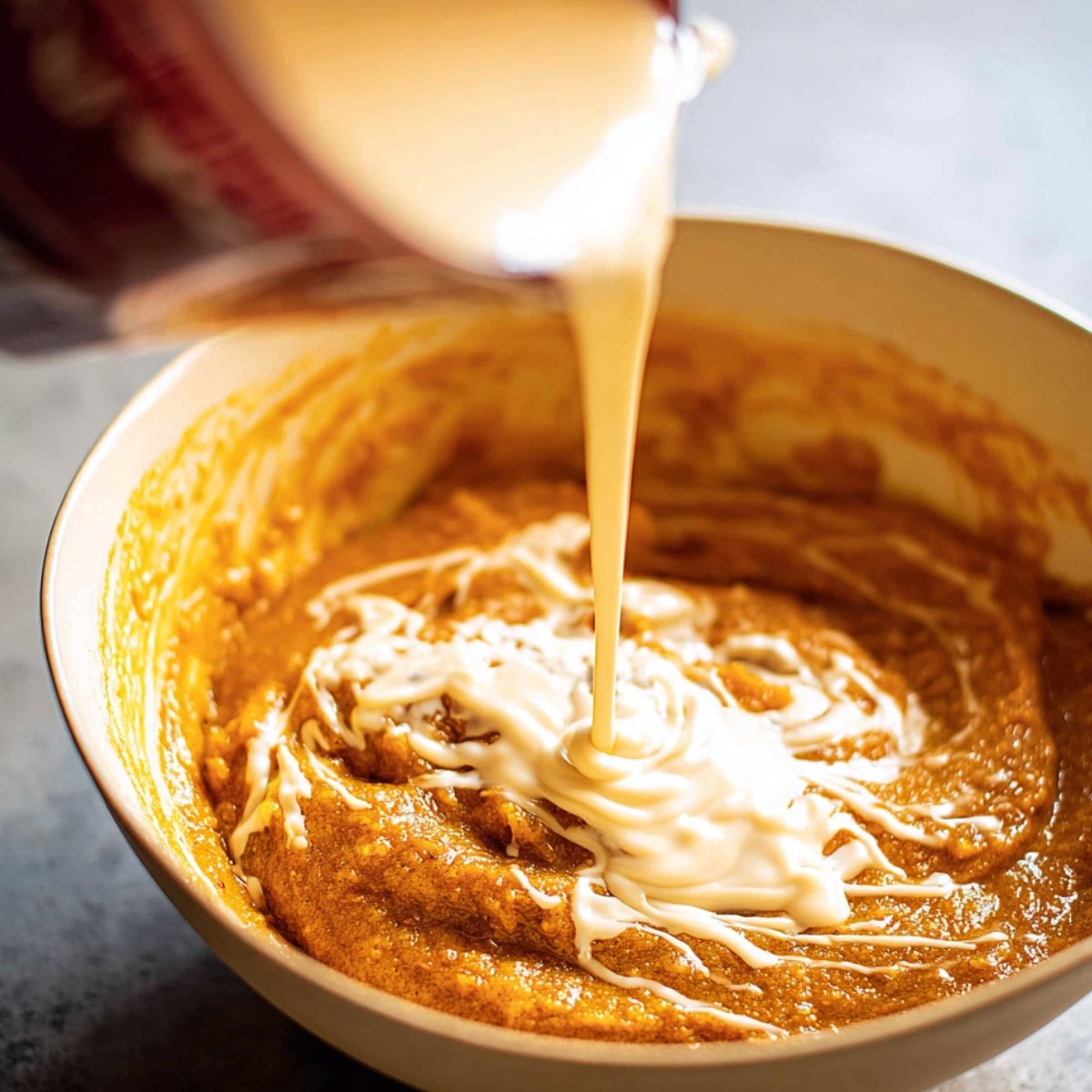 Gradually stir in the evaporated milk until the filling is smooth and pourable. Take your time here so it stays lump-free.