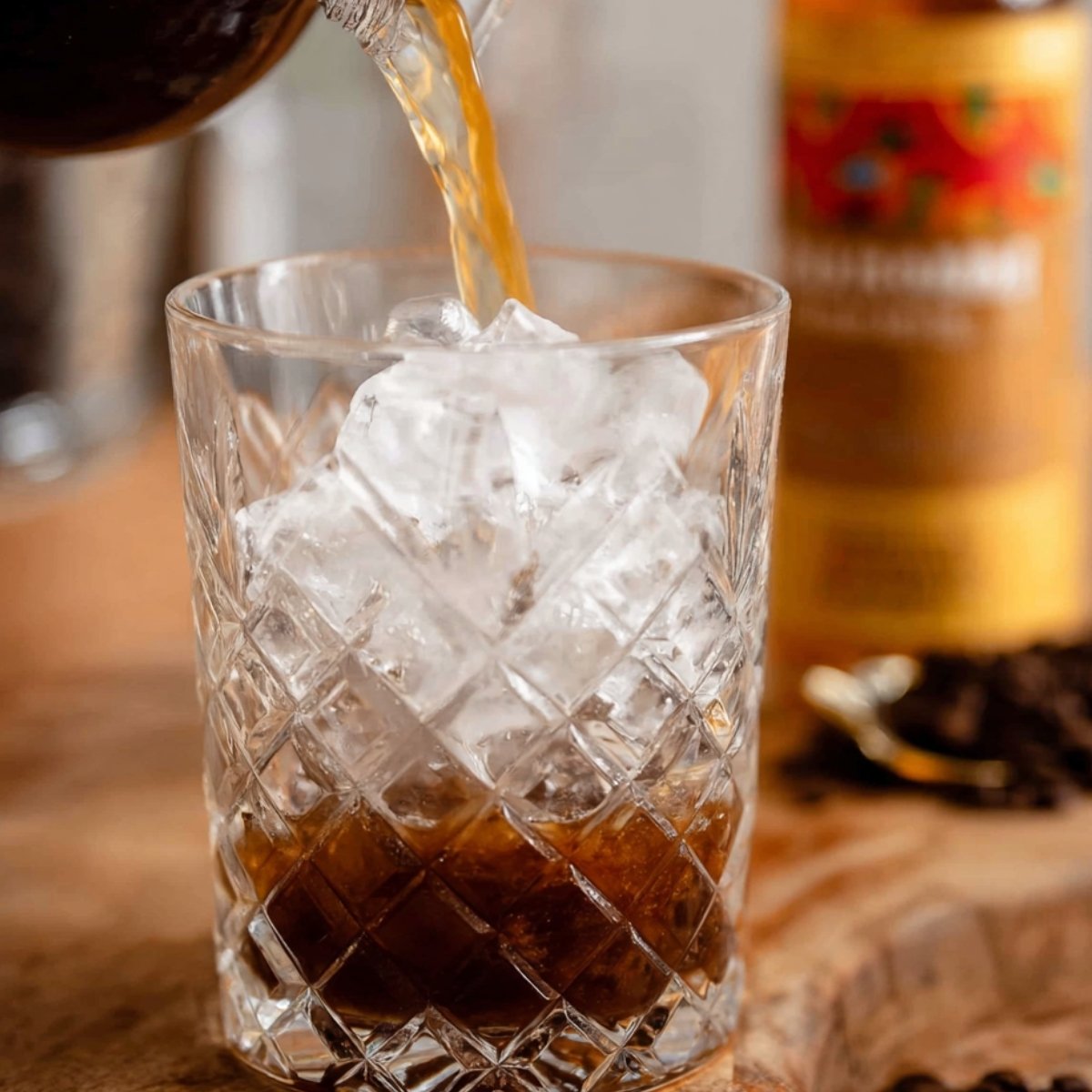 Espresso martini mixture poured over ice in a mixing glass.