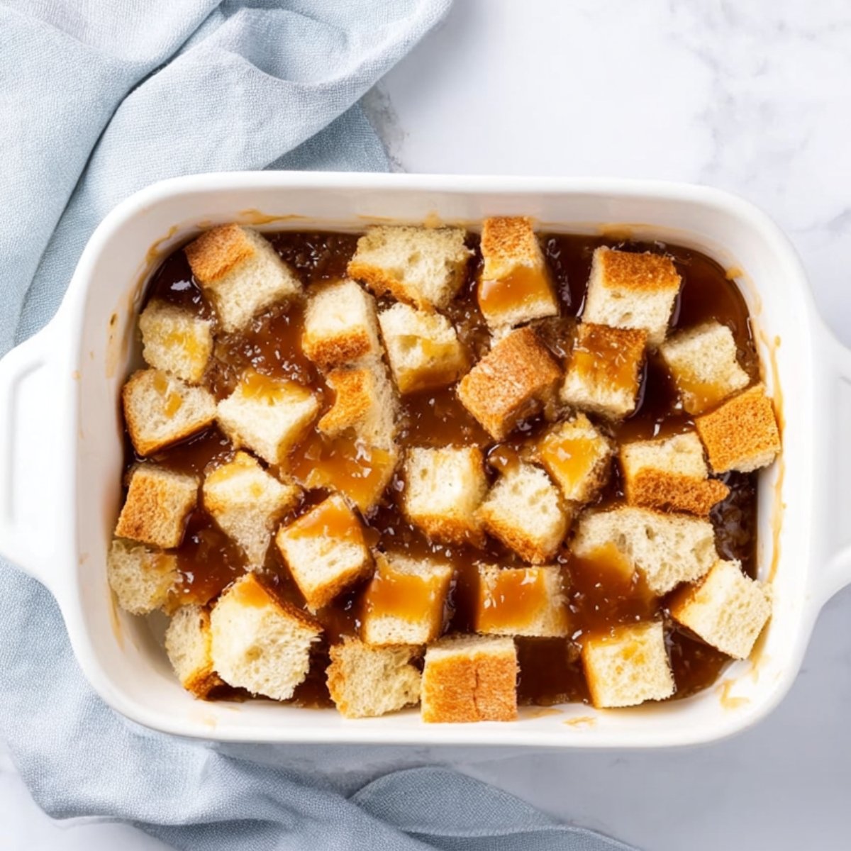 Scatter the cubed French bread over the brown sugar mixture, spreading it out so the pieces aren't too crowded. They should fill the pan in a fairly even layer.