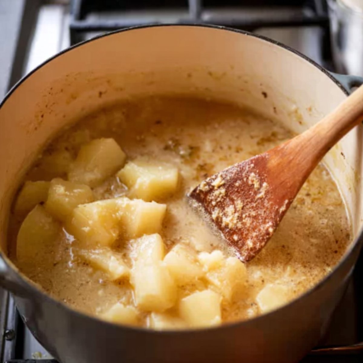 Chopped potatoes in a pot with broth, being stirred with a wooden spoon.