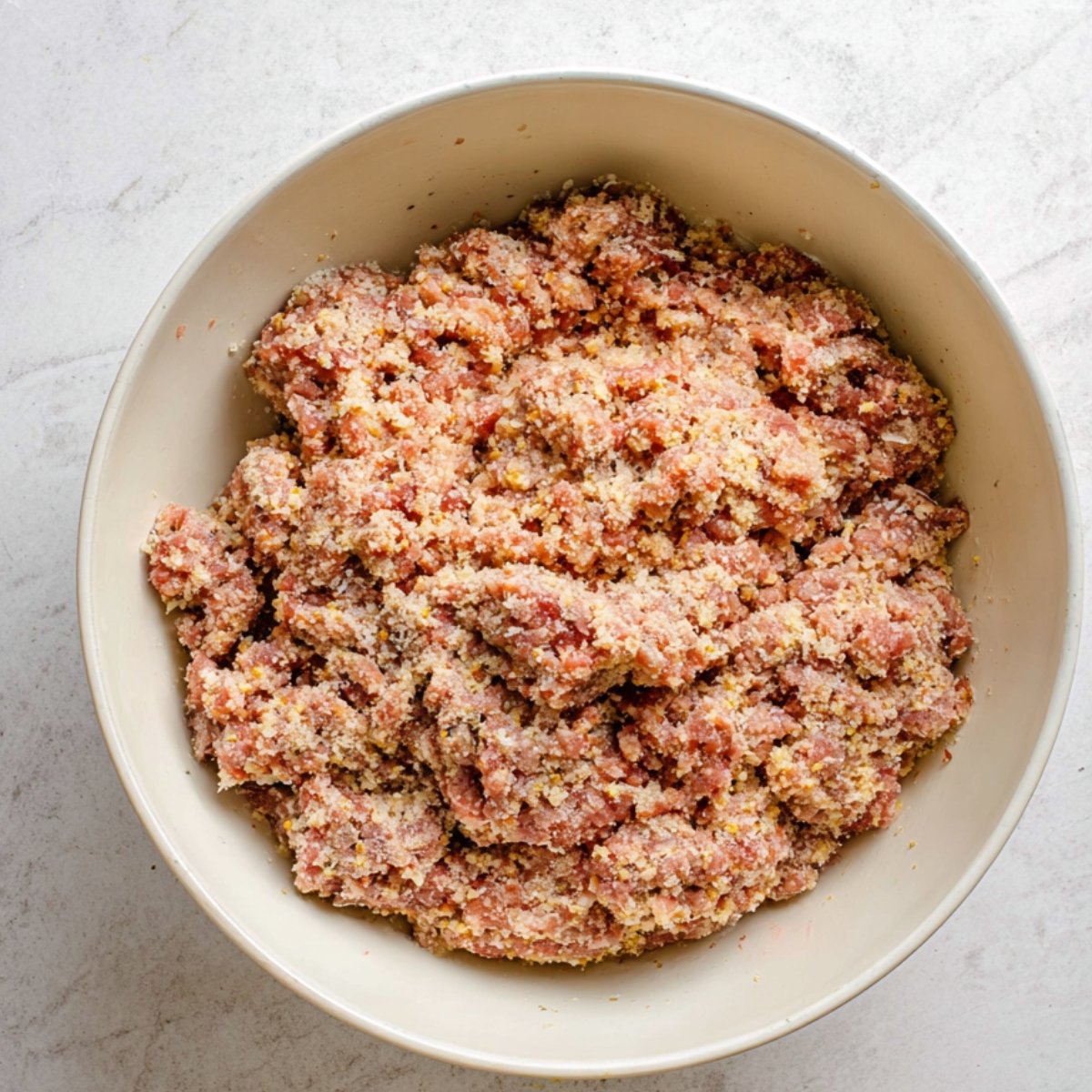 Dump in the ground beef and ground pork. Use your hands to mix it all together until everything is evenly combined. Don't overmix, or the meatballs can get tough.
