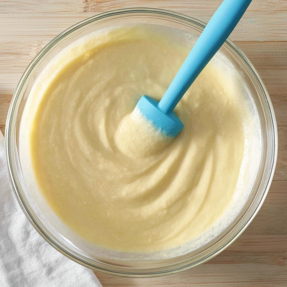 Smooth and creamy cake batter in a transparent glass mixing bowl being stirred with a blue silicone spatula on a light wooden countertop