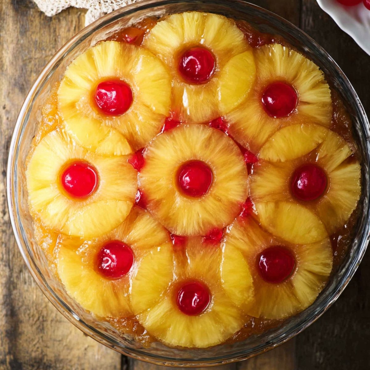 Pineapple slices and red maraschino cherries neatly arranged in a circular pattern in a glass baking dish with caramel sauce before adding cake batter