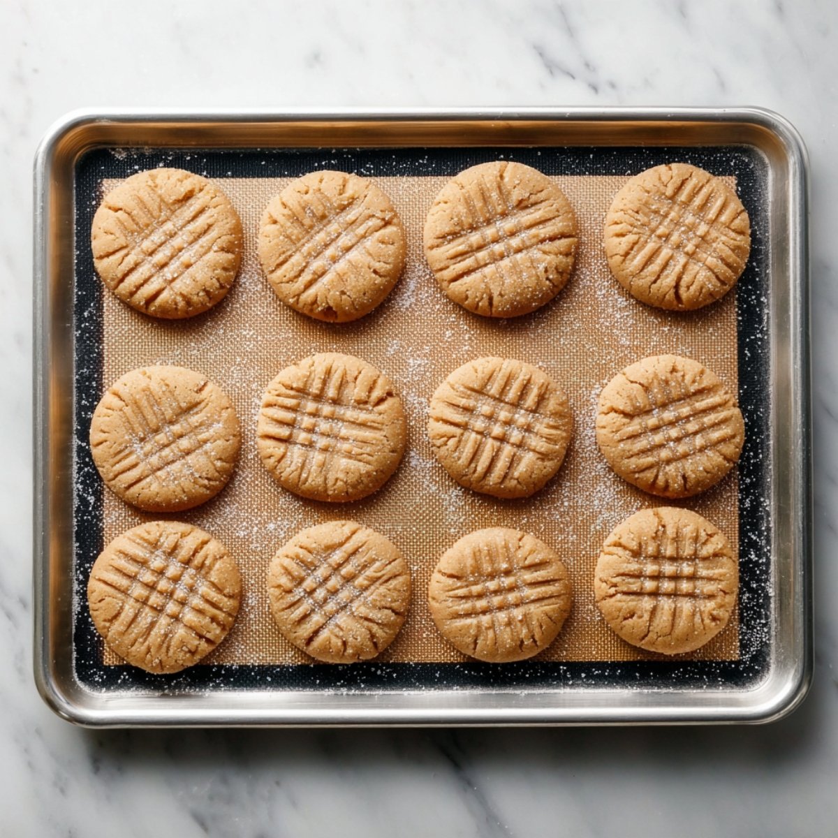 Peanut butter cookies on a baking tray before baking.
