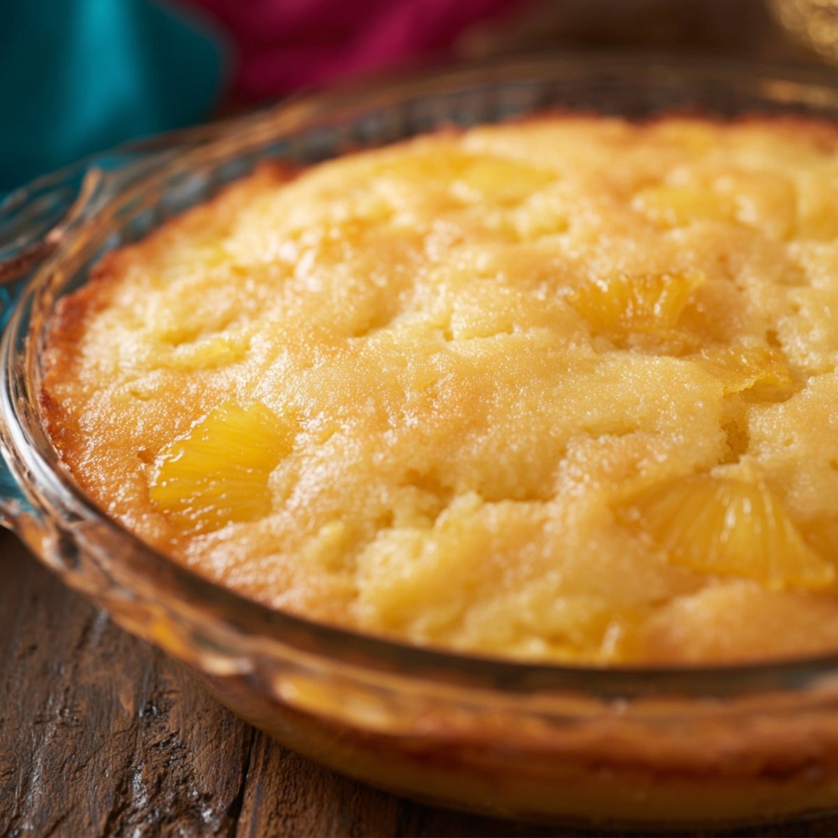 Freshly baked pineapple upside-down cake in a clear glass baking dish, golden and fluffy with visible pineapple pieces around the edges, sitting on a rustic wooden table