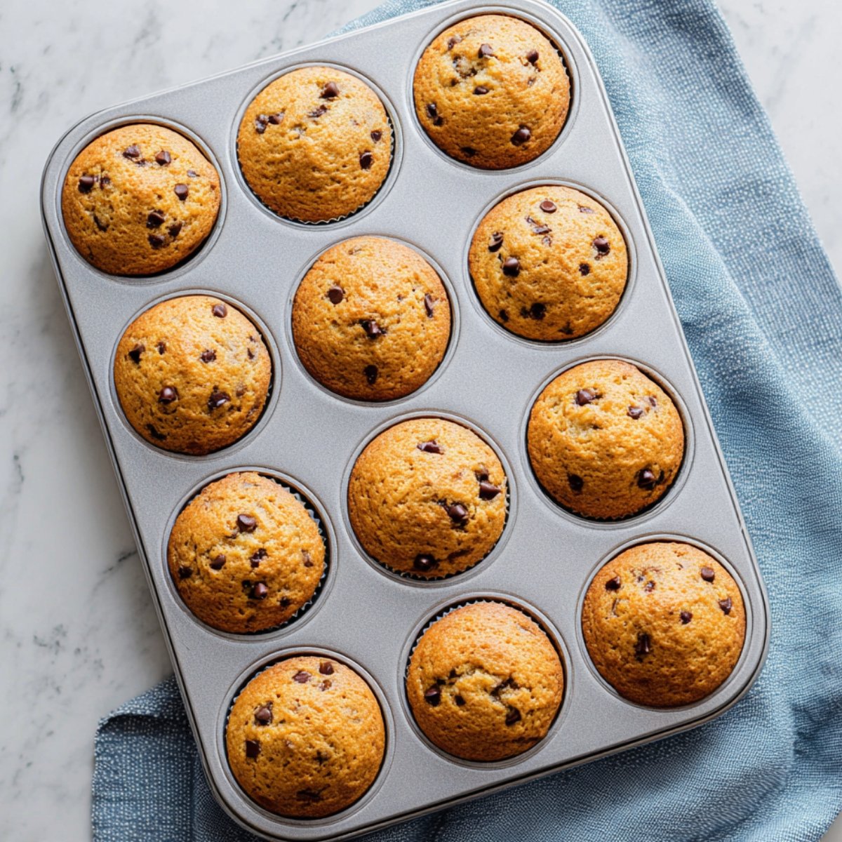 Freshly baked chocolate chip muffins cooling on a wire rack with melted chocolate chips on top