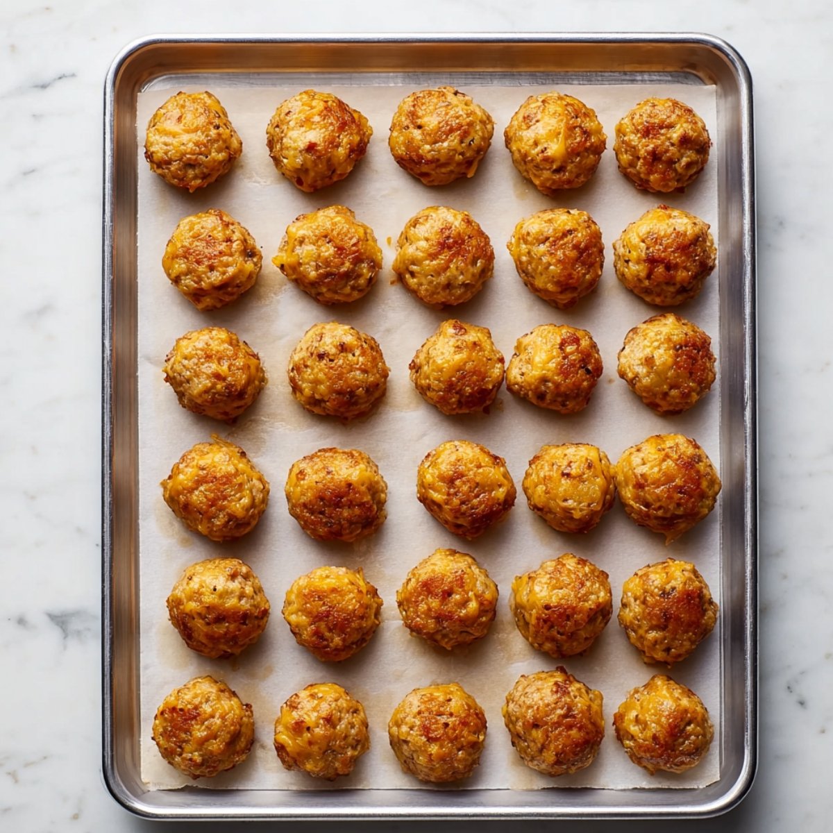 Golden baked sausage balls arranged on a baking tray lined with parchment paper