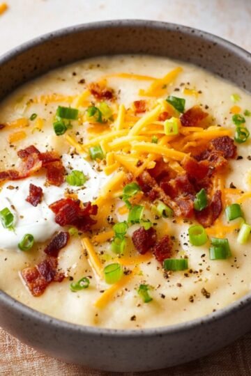 A bowl of Baked Potato Soup topped with bacon bits, shredded cheddar cheese, green onions, and sour cream.