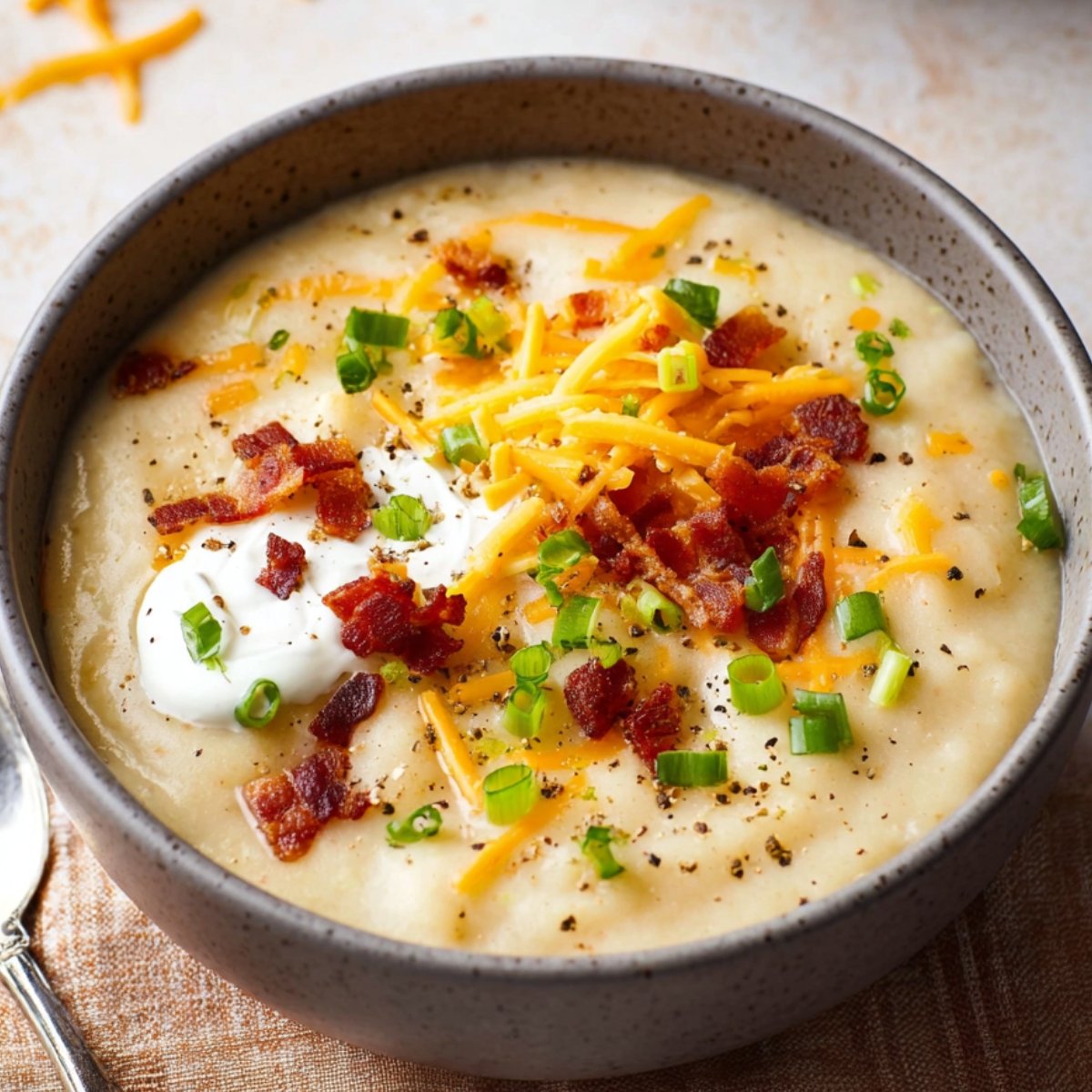 A bowl of Baked Potato Soup topped with bacon bits, shredded cheddar cheese, green onions, and sour cream.