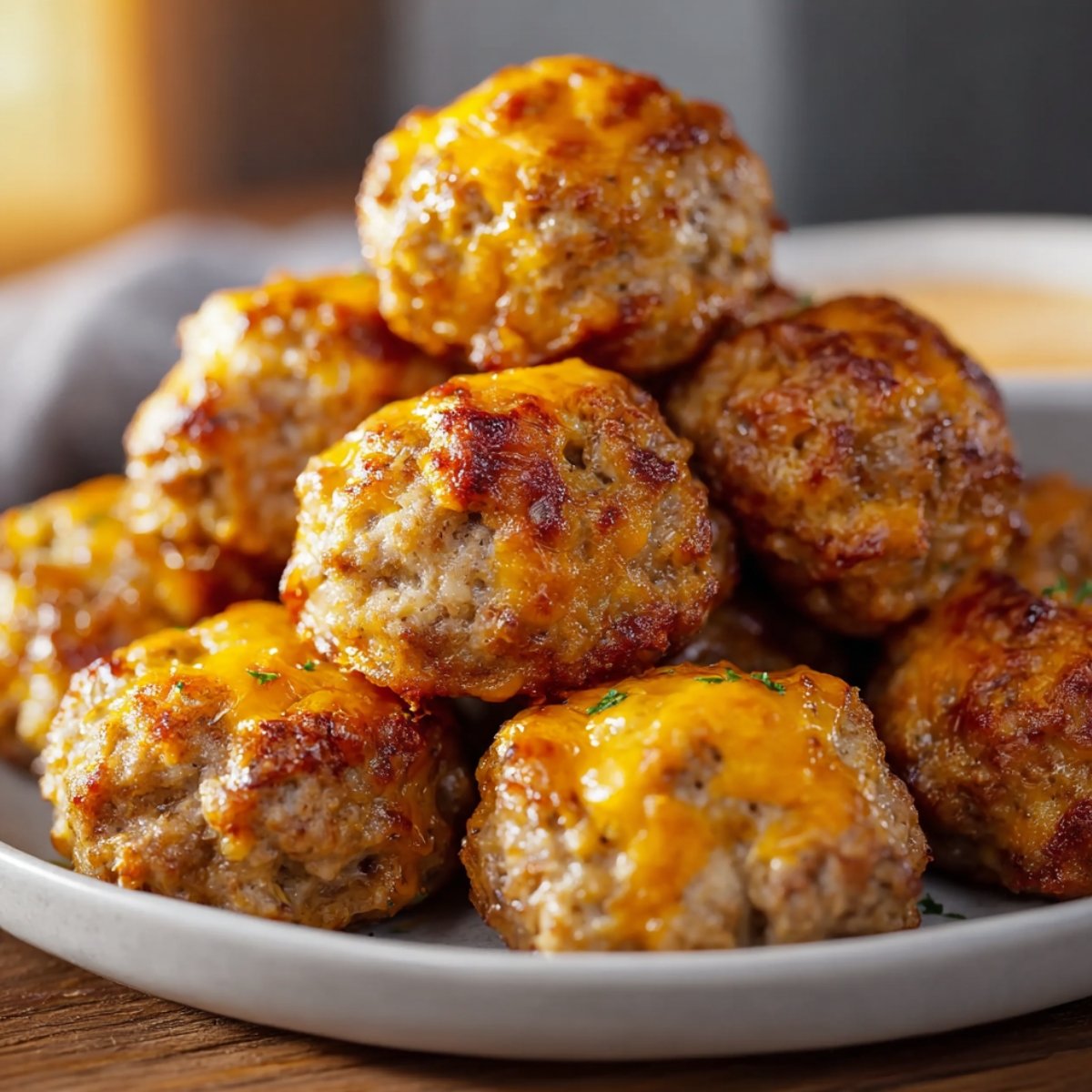 Close-up of cheesy Bisquick Sausage Balls with a golden melted cheese topping