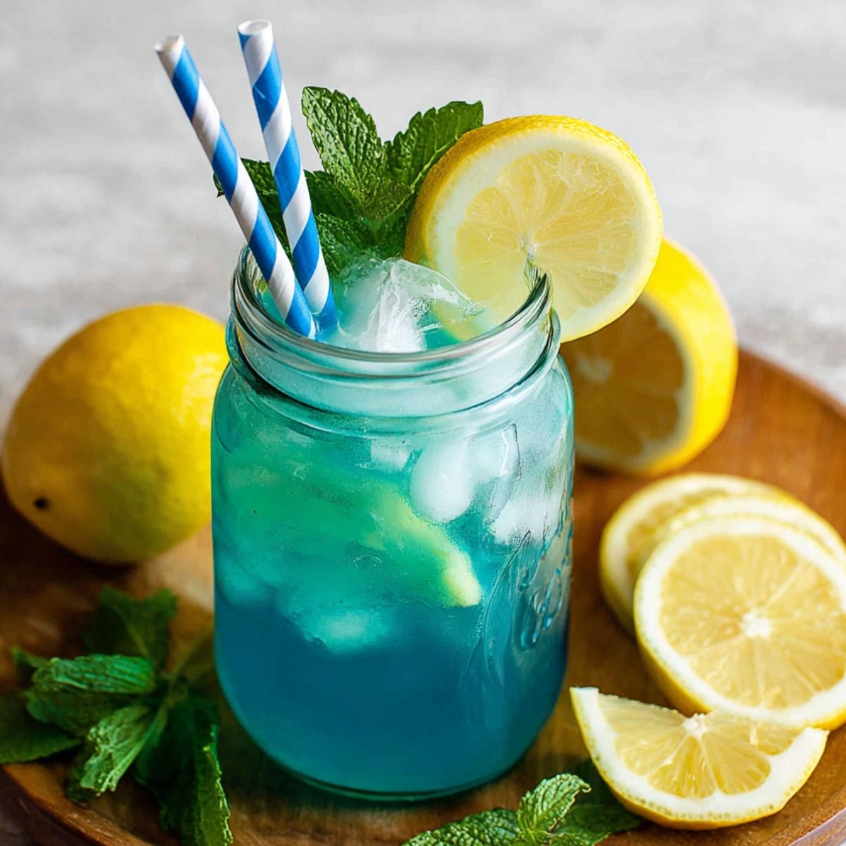 A mason jar filled with Blue Raspberry Lemonade, garnished with mint leaves and lemon slices, placed on a wooden plate.