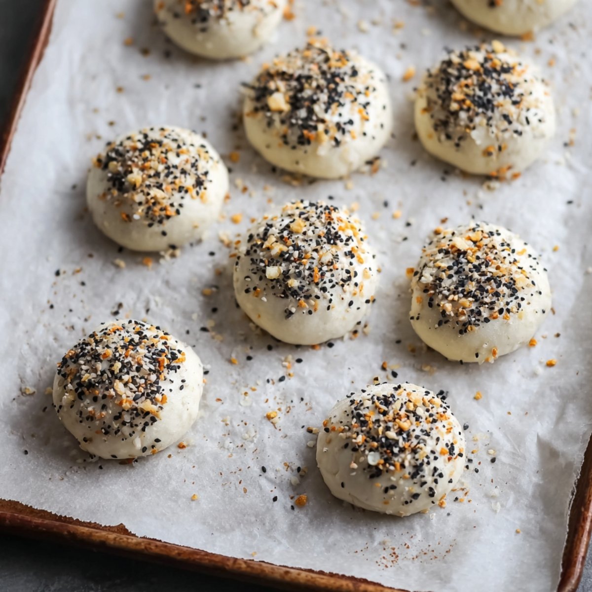 Unbaked bagel dough topped with everything bagel seasoning, ready to be stuffed and baked.
