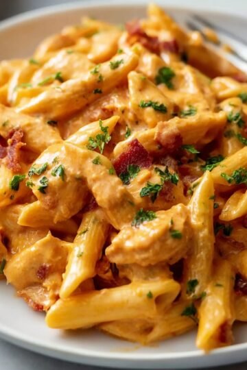 Buffalo Chicken Pasta with bacon and creamy sauce.