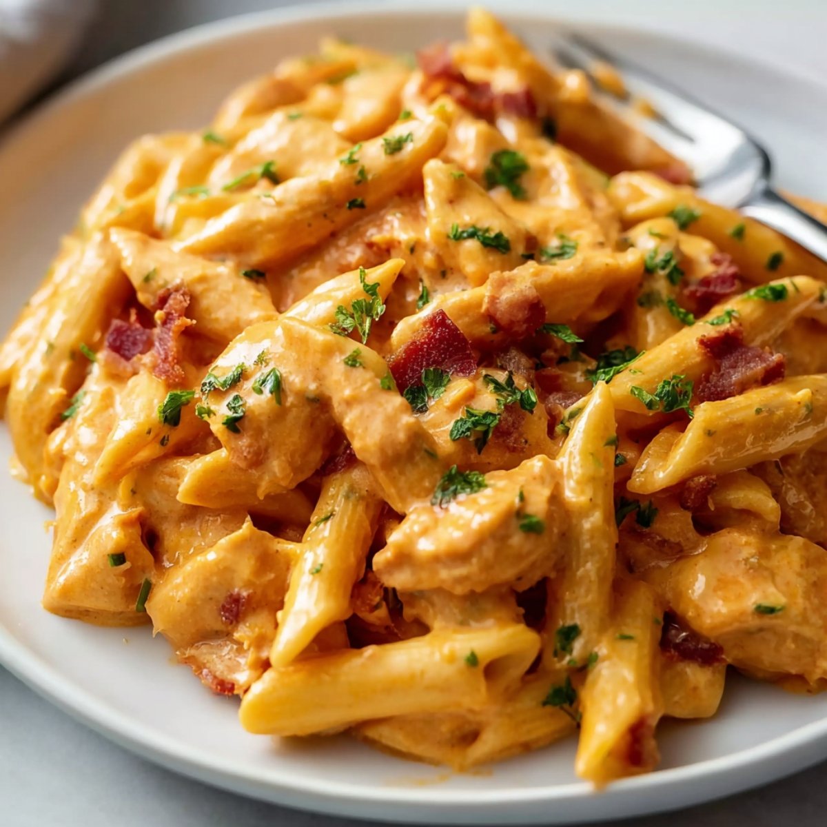 Buffalo Chicken Pasta with bacon and creamy sauce.