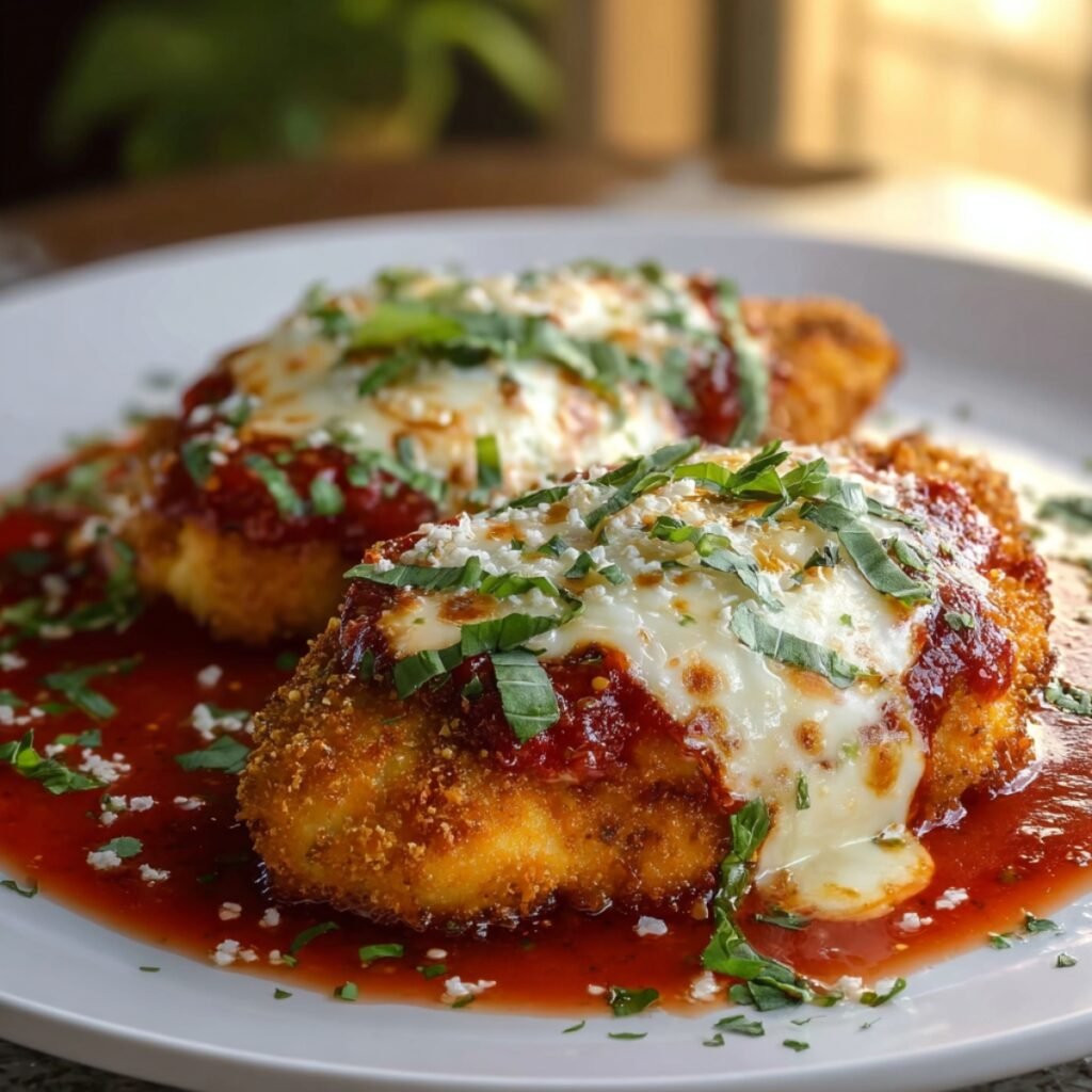 Golden breaded chicken parmesan with tomato sauce and melted cheese, served Italian style with basil garnish