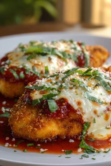 Golden breaded chicken parmesan with tomato sauce and melted cheese, served Italian style with basil garnish