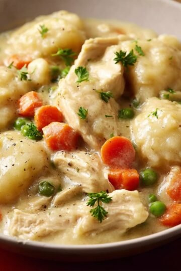 A close-up shot of Chicken and Dumplings, showcasing tender chicken, vegetables, and fluffy dumplings in a creamy broth.