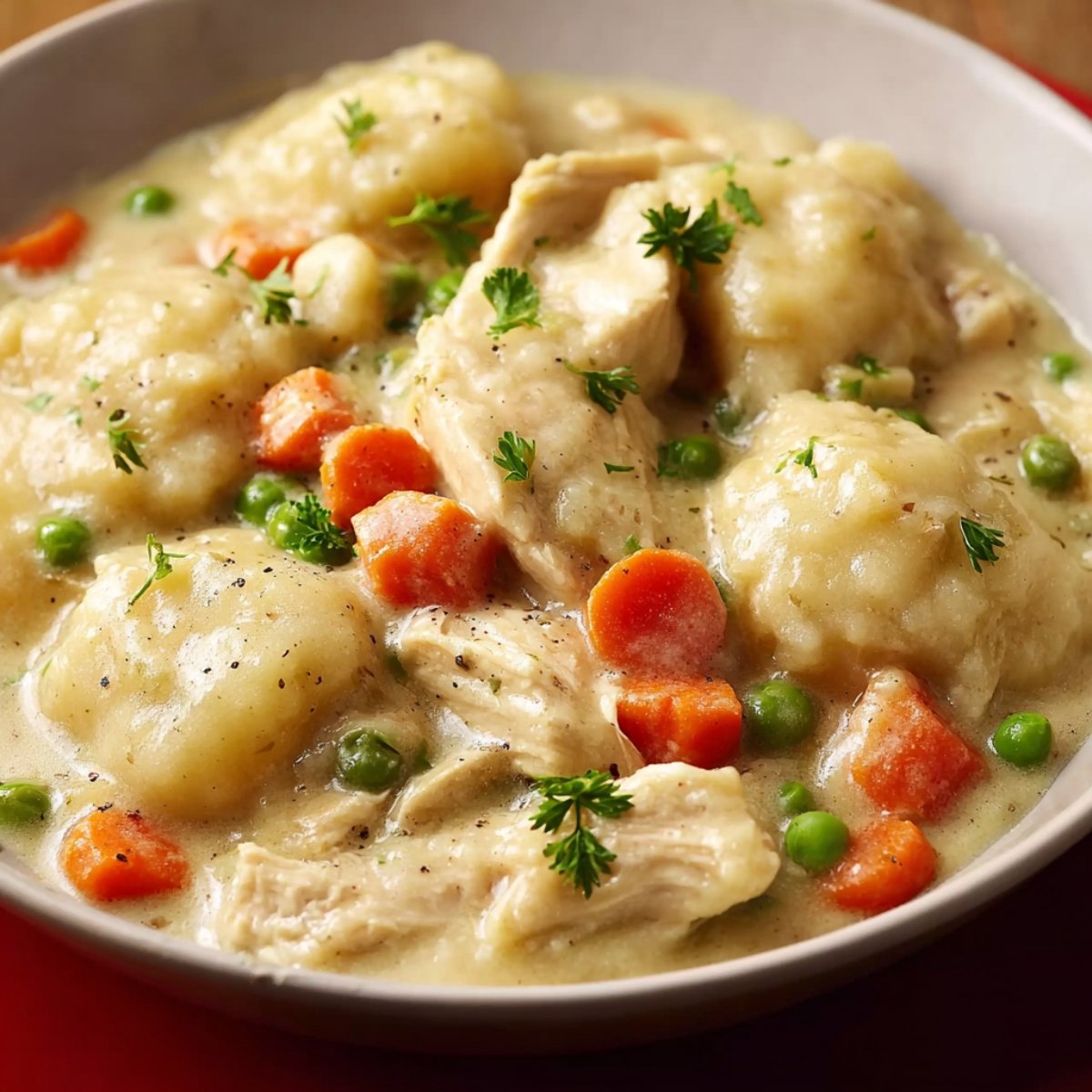 A close-up shot of Chicken and Dumplings, showcasing tender chicken, vegetables, and fluffy dumplings in a creamy broth.