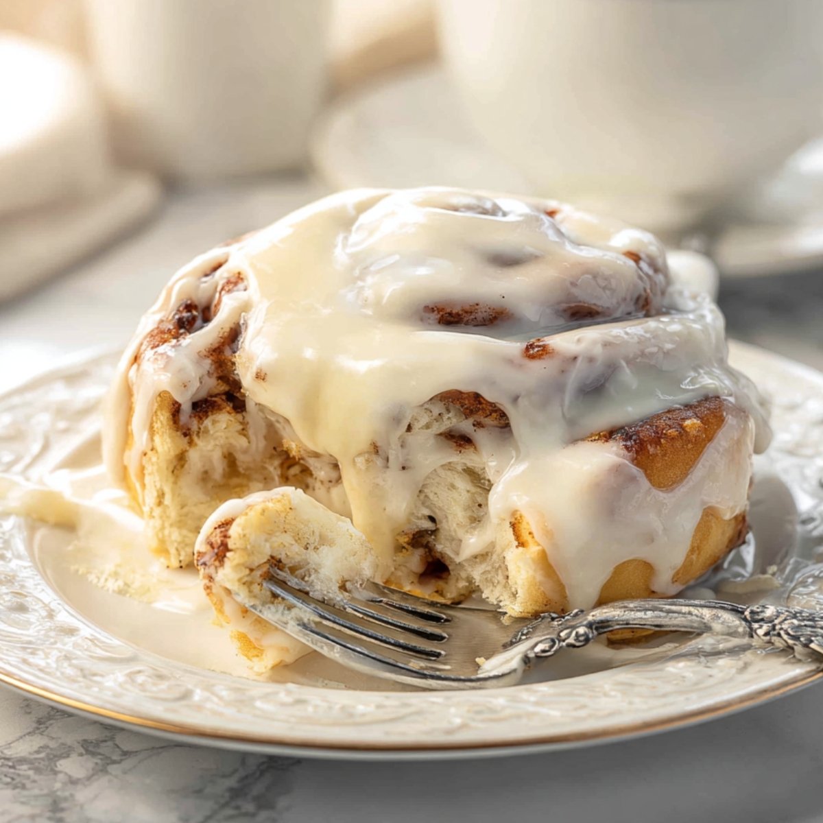 Close-up of a warm Cinnabon Cinnamon Rolls drenched in creamy icing with a fork cutting into the soft, fluffy layers, icing melting and pooling on the plate