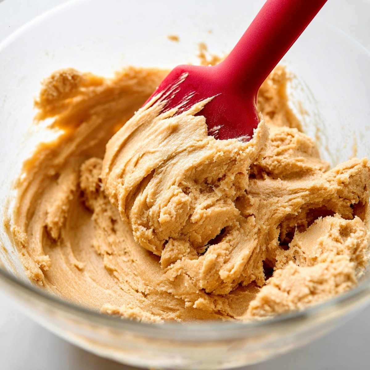Peanut butter cookie dough being mixed in a bowl.