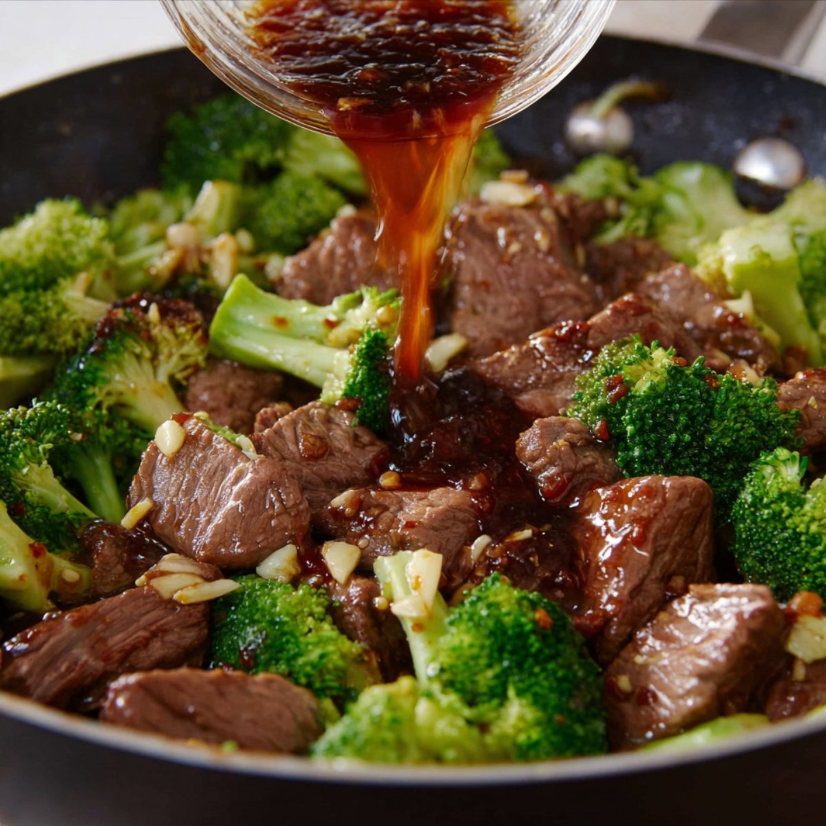 Pouring savory sauce over beef and broccoli stir-fry in a pan.