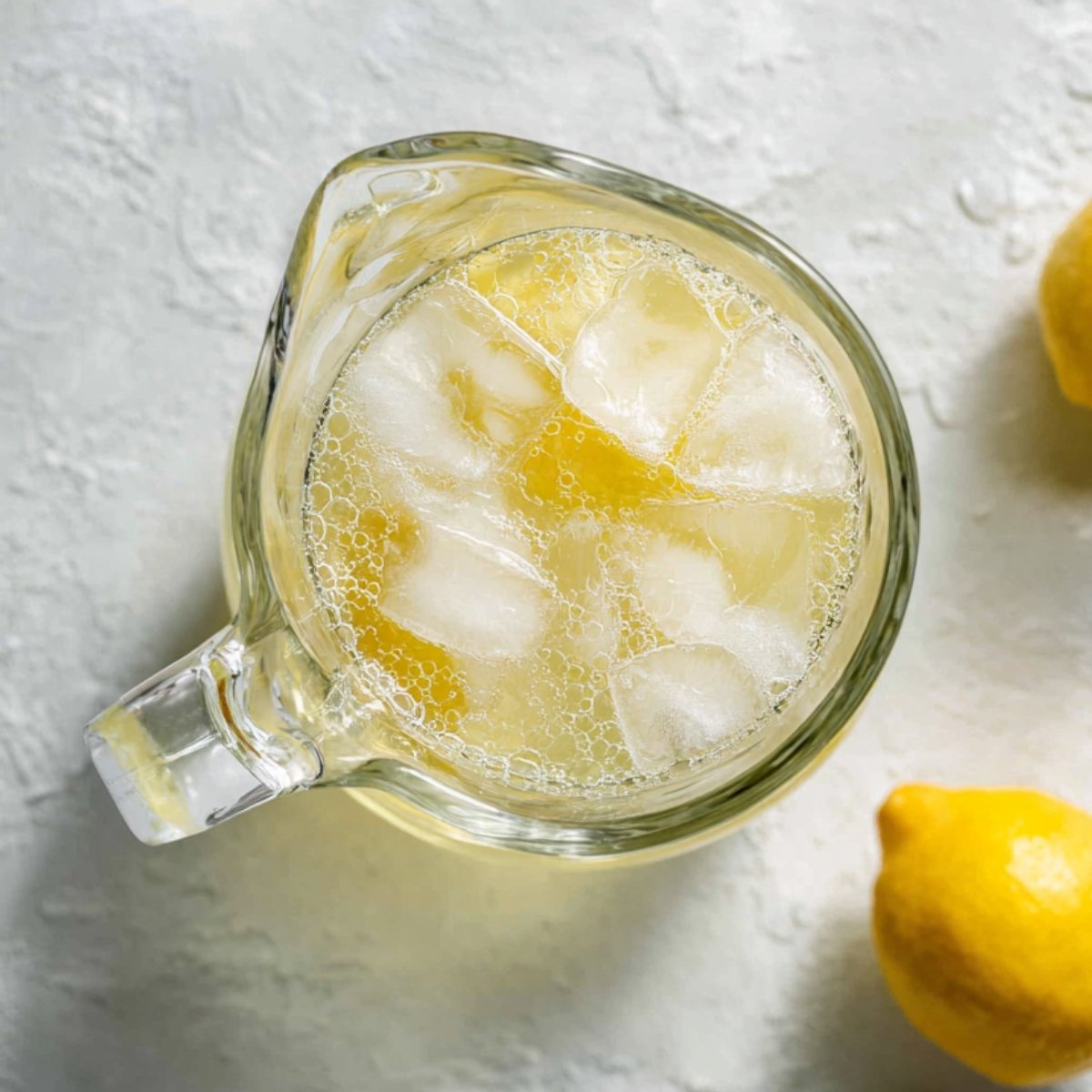 Close-up of a pitcher of lemonade with ice cubes and bubbles, surrounded by lemons.